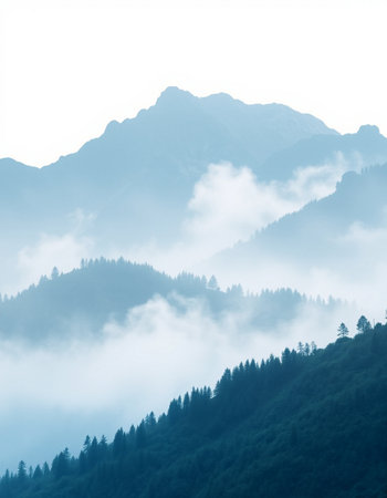 Mountain landscape with fog in the morning, North Caucasus, Russia