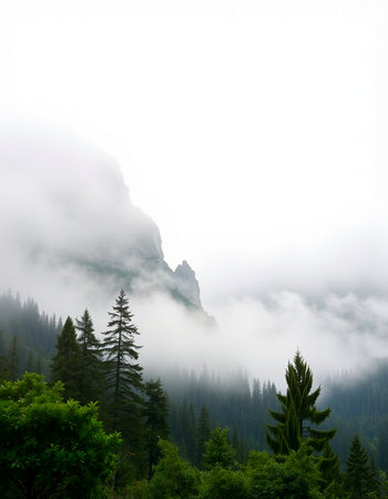Foggy mountain landscape with coniferous forest in the foreground