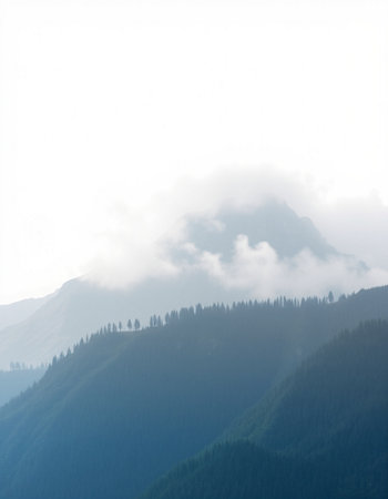 Mountain landscape with coniferous forest on a foggy day