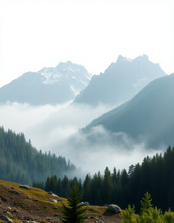 Mountain landscape with fog and cloudsの写真素材