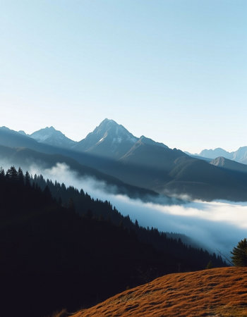 Mountain landscape with fog in the morning.の写真素材