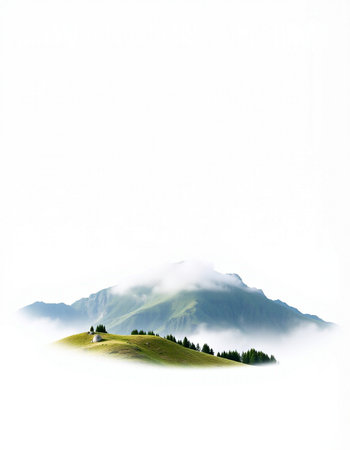 Mountain landscape with clouds and meadow on white background. Copy space