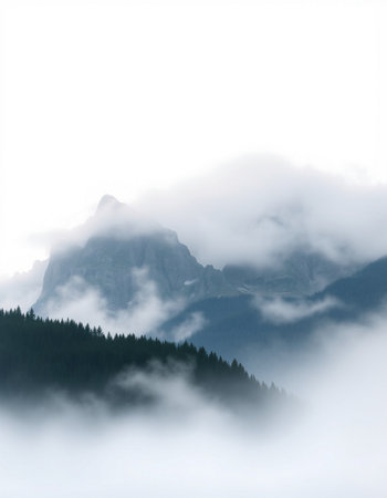 Landscape of Dolomites mountains in fog and clouds, Italy