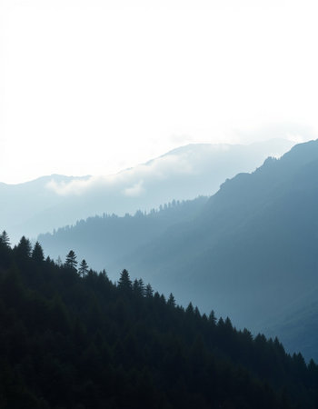 Mountain landscape with coniferous forest and fog in the morning