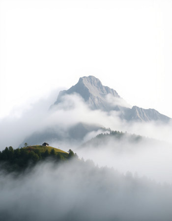 Mountain landscape with fog and clouds.