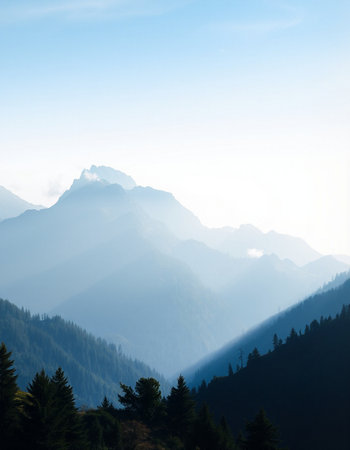 Mountain landscape with coniferous forest and fog in the morning