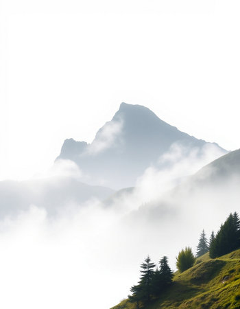 Foggy morning in the mountains with coniferous forest.