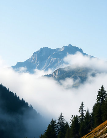 Foggy mountain landscape in the Alps. Europe.の写真素材