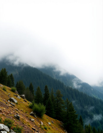 Mountain landscape with coniferous forest and foggy clouds.