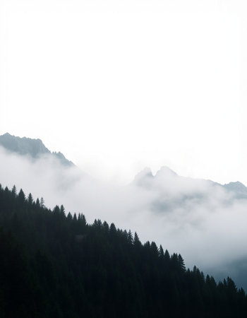Mountain landscape with fog and clouds. Caucasus Mountains, Georgia.