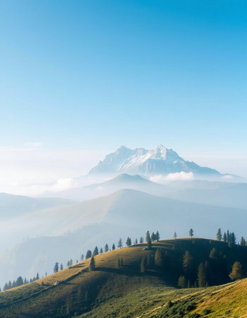 Beautiful mountain landscape in the morning fog. Carpathian, Ukraine, Europe.の写真素材