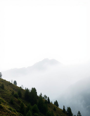 Foggy mountain landscape with coniferous forest on the slopeの写真素材