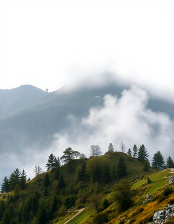 Mountain landscape with clouds and fog in the morning