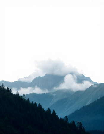 Mountain landscape with fog and clouds. Caucasus Mountains, Georgia.