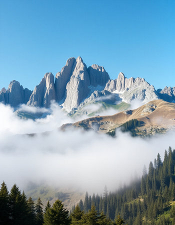Mountain landscape in Dolomites, Italy. Foggy morningの写真素材