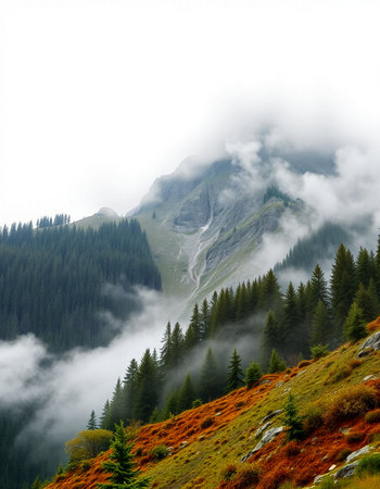 Foggy mountain landscape with coniferous forest in the foregroundの写真素材