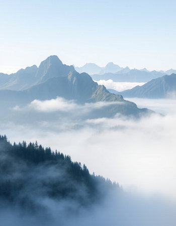 Mountain landscape with fog in the morning. Caucasus Mountains, Georgia.