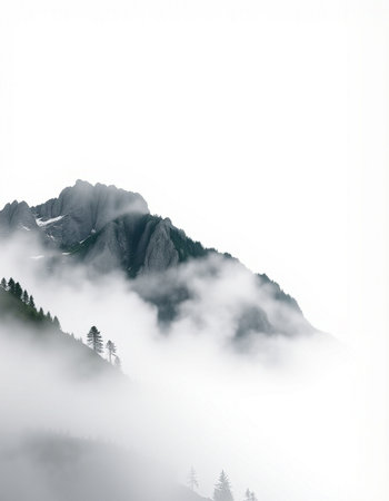 Mountains and coniferous forest in the fog, natural background