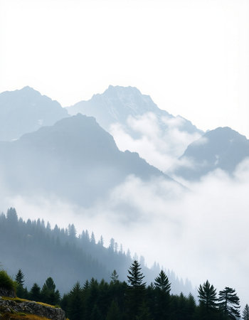 Mountain landscape with fog and coniferous forest at the foot of the mountain