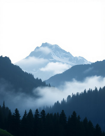 Mountain landscape with fog and coniferous forest on the foregroundの写真素材