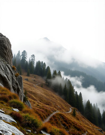 Foggy autumn morning in the Carpathian mountains, Ukraine