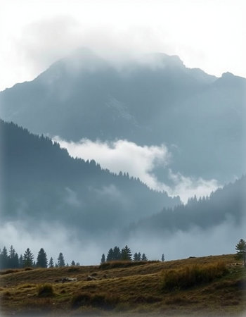 Foggy morning in the mountains. Ukraine, Carpathiansの写真素材
