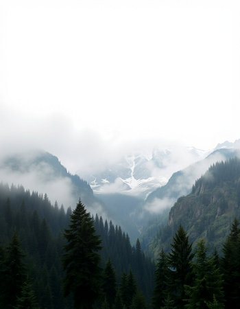 Mountain landscape with fog and clouds. Caucasus Mountains, Georgia.