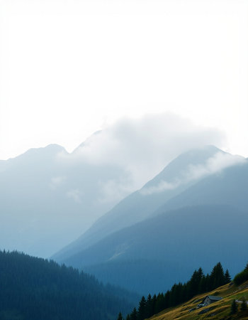 Beautiful mountain landscape with fog in Carpathian mountains. Ukraine