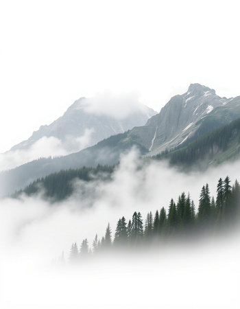Mountain landscape with coniferous forest on the foreground and fog in the background