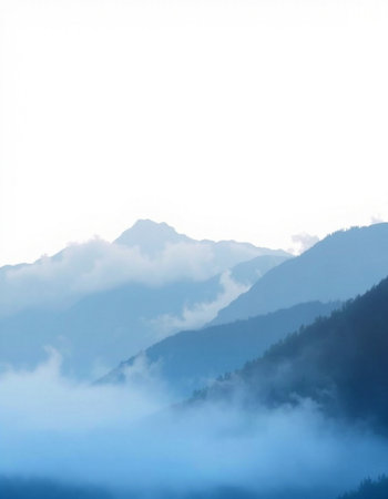 Mountain landscape with fog in the morning, North Caucasus, Russia