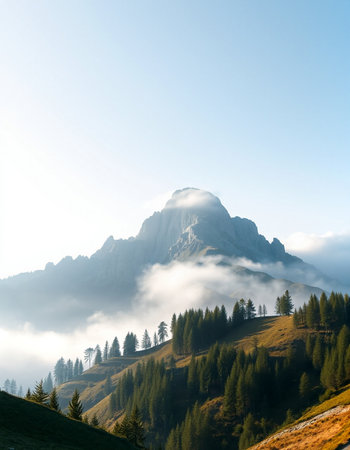 Mountain landscape with fog in the morning. Dolomites, Italyの写真素材