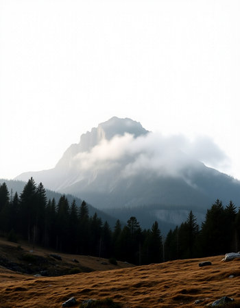 Mountain landscape with fog in the morning, Dolomites, Italyの写真素材