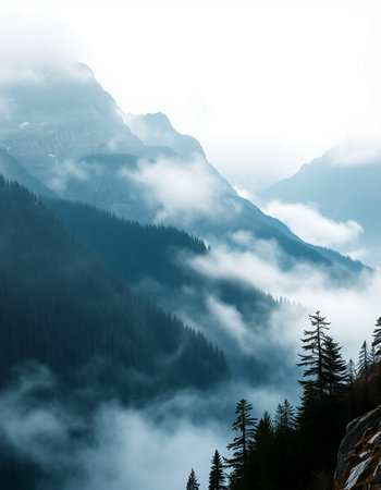 Foggy mountain landscape with coniferous forest and high peaksの写真素材