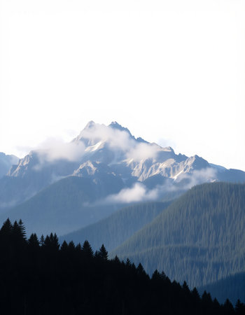 Mountains and coniferous forest on a foggy day.