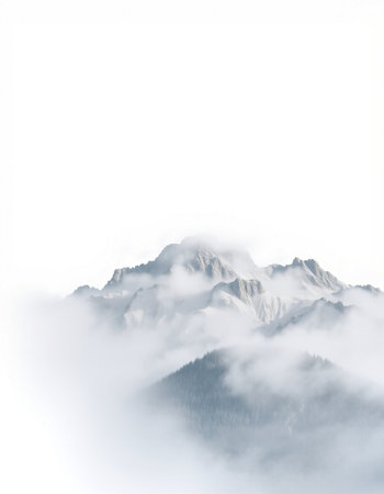 Mountain landscape with snow and fog isolated on a white background.の写真素材