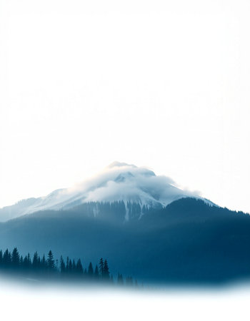 Mountains in the mist. Winter landscape with fog and trees.の写真素材