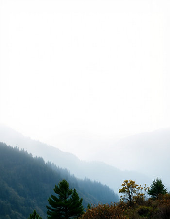 Foggy morning in the mountains. Landscape with fog and trees.の写真素材