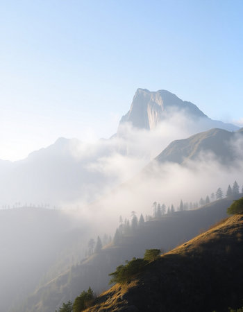 Foggy landscape in the Dolomites, South Tyrol, Italyの写真素材