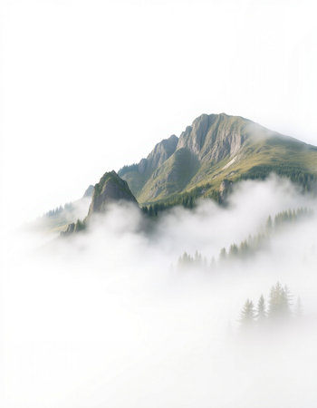 Foggy mountain landscape with a view of the high peaks.の写真素材