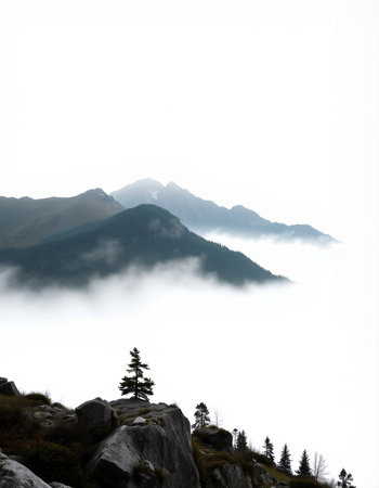 Mountain landscape in the clouds, view from the top of the mountain