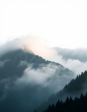 Mountain landscape with fog in the morning, Carpathian, Ukraine