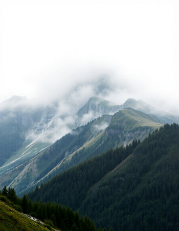 Mountain landscape with fog in the italian alps, Italyの写真素材