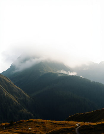 Beautiful mountain landscape with fog in the morning. Caucasus Mountains, Georgia.