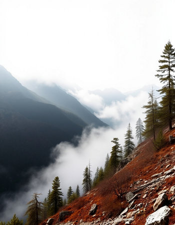 Mountain landscape with fog and coniferous forest. Caucasus, Russia