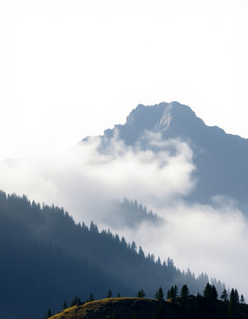 Mountain landscape with fog in the morning. Caucasus, Russia.