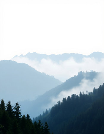 Foggy mountain landscape with coniferous forest in the foregroundの写真素材
