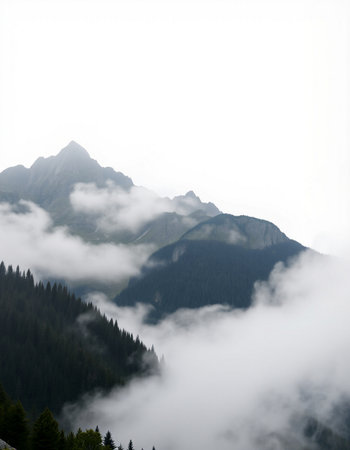 Mountain landscape with clouds and fog in the Italian Dolomites
