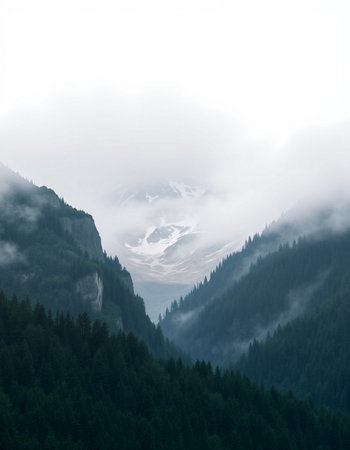 Mountain landscape with fog and clouds.