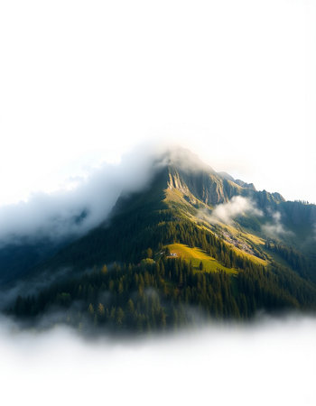 Mountain landscape with fog and clouds on the top of the mountainの写真素材