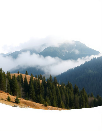 Mountain landscape with coniferous forest in the foreground and fog in the backgroundの写真素材